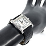 Rectangular Watch With Mother Of Pearl Dial And Black Diamond Set Winder Finished In 925 English Hallmarked Sterling Silver