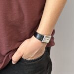 Rectangular Watch With Black Leather Strap and Black Onyx Winder Finished In 925 English Hallmarked Sterling Silver