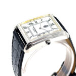 Rectangular Watch With Black Leather Strap and Black Onyx Winder Finished In 925 English Hallmarked Sterling Silver
