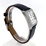 Rectangular Watch With Black Leather Strap and Black Onyx Winder Finished In 925 English Hallmarked Sterling Silver