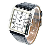 Rectangular Watch With Black Leather Strap and Black Onyx Winder Finished In 925 English Hallmarked Sterling Silver