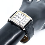 Rectangular Watch With Black Leather Strap and Black Onyx Winder Finished In 925 English Hallmarked Sterling Silver