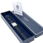 Rectangular Watch With Black Leather Strap and Black Onyx Winder Finished In 925 English Hallmarked Sterling Silver