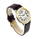 Round Watch With Brown Leather Strap And Blue Sapphire Winder Finished In 925 English Hallmarked Sterling Silver