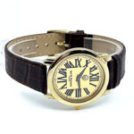 Round Watch With Brown Leather Strap And Blue Sapphire Winder Finished In 925 English Hallmarked Sterling Silver