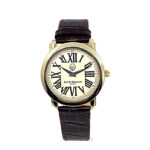 Round Watch With Brown Leather Strap And Blue Sapphire Winder Finished In 925 English Hallmarked Sterling Silver