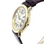 Round Watch With Brown Leather Strap And Blue Sapphire Winder Finished In 925 English Hallmarked Sterling Silver