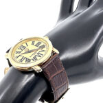 Round Watch With Brown Leather Strap And Blue Sapphire Winder Finished In 925 English Hallmarked Sterling Silver