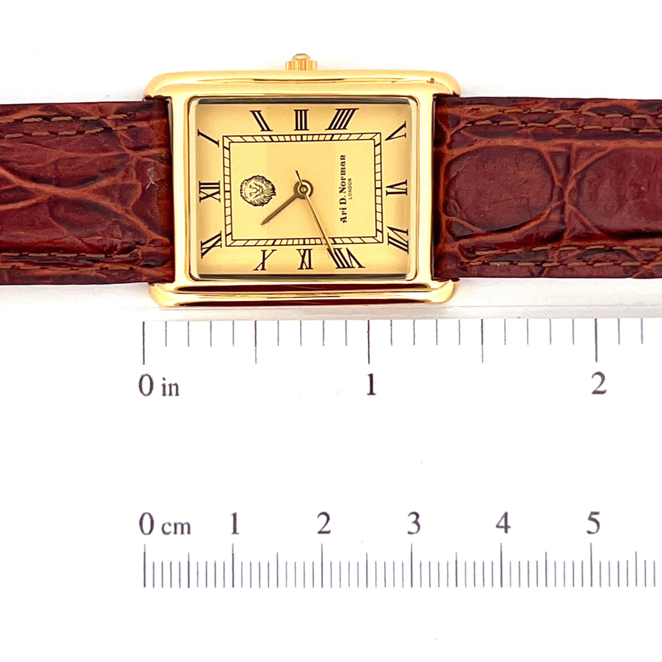 WTCH16 (10) Rectangular Watch With Brown Leather Strap And Blue Sapphire Winder Finished In 925 English Hallmarked Sterling Silver