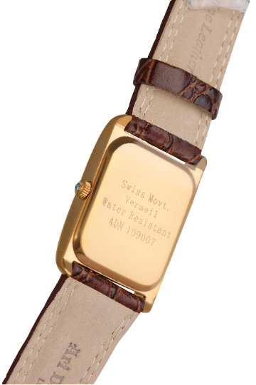 WTCH16 (6) Rectangular Watch With Brown Leather Strap And Blue Sapphire Winder Finished In 925 English Hallmarked Sterling Silver