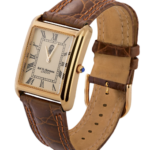 Rectangular Watch With Brown Leather Strap And Blue Sapphire Winder Finished In 925 English Hallmarked Sterling Silver 5 Rectangular Watch With Brown Leather Strap And Blue Sapphire Winder Finished In 925 English Hallmarked Sterling Silver