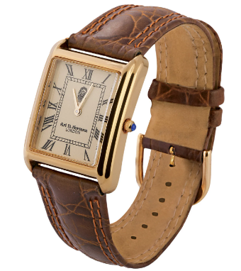 WTCH16 (3) Rectangular Watch With Brown Leather Strap And Blue Sapphire Winder Finished In 925 English Hallmarked Sterling Silver