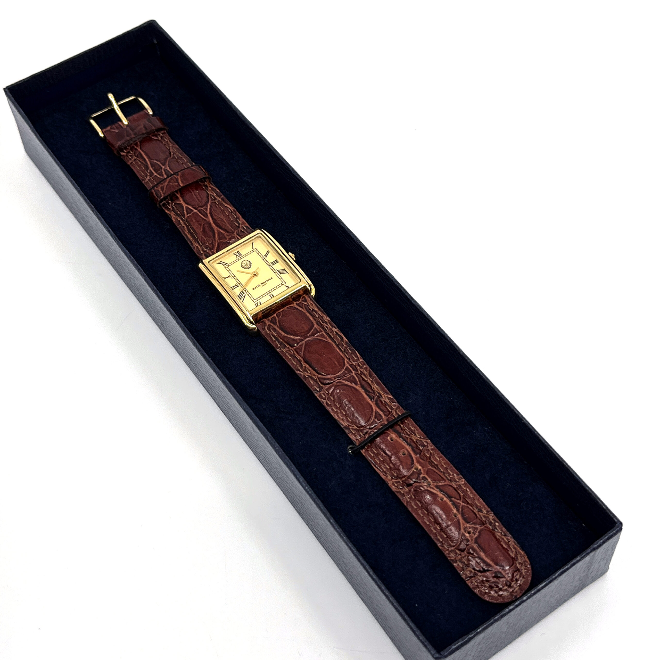 WTCH16 (7) Rectangular Watch With Brown Leather Strap And Blue Sapphire Winder Finished In 925 English Hallmarked Sterling Silver