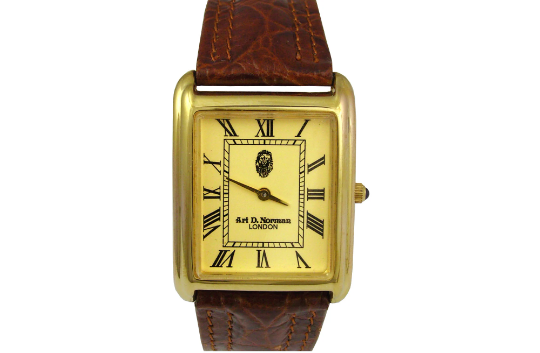 WTCH16 (5) Rectangular Watch With Brown Leather Strap And Blue Sapphire Winder Finished In 925 English Hallmarked Sterling Silver