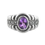 Victorian Style Ring Set With Amethyst And Marcasite Finished In 925 English Hallmarked Sterling Silver