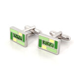 Rectangular Cufflinks Rhodium Plated Metal Alloy Set With Green Enamel And Sparkling Czech Crystals