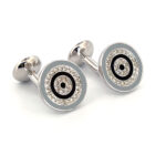 Round Cufflinks Rhodium Plated Metal Alloy Set With Black Enamel And Sparkling Czech Crystals