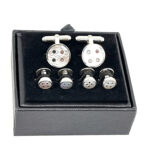 Button Design Cufflinks And Dress Shirt Stud Set With Mother Of Pearl, Finished In 925 English Hallmarked Sterling Silver