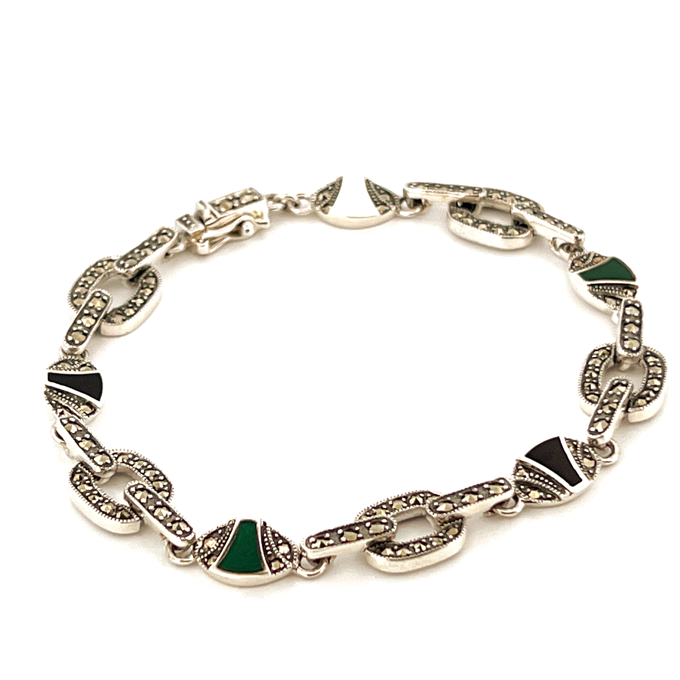 BT206 (19) Art Deco Style Bracelet Set With Black Onyx Green Agate and Marcasite Finished in 925 English Hallmarked Sterling Silver