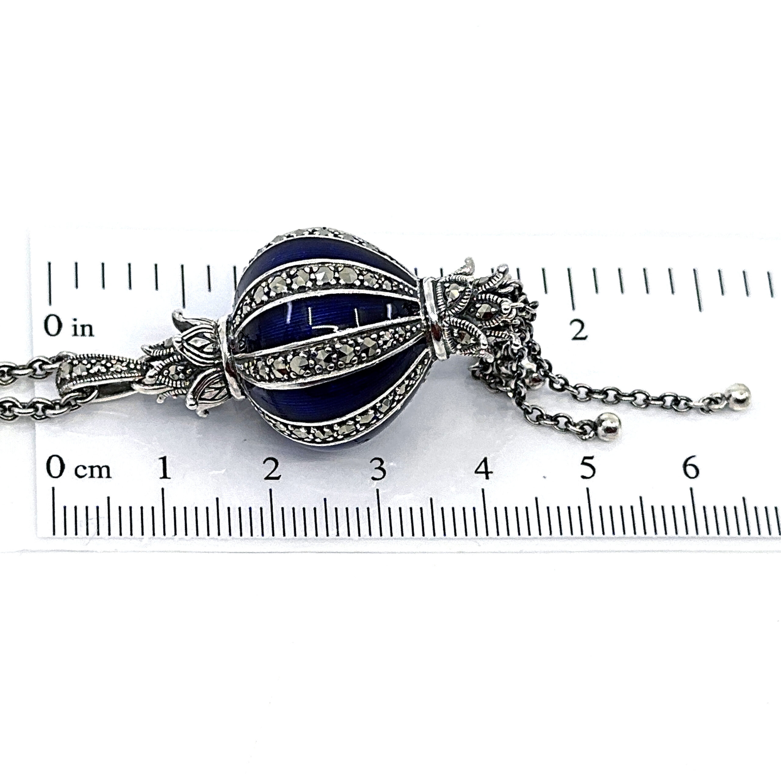 NK570 (4) Elizabethan Style Balloon Shaped Necklace With Blue Enamel And Marcasite Finished In 925 English Hallmarked Sterling Silver