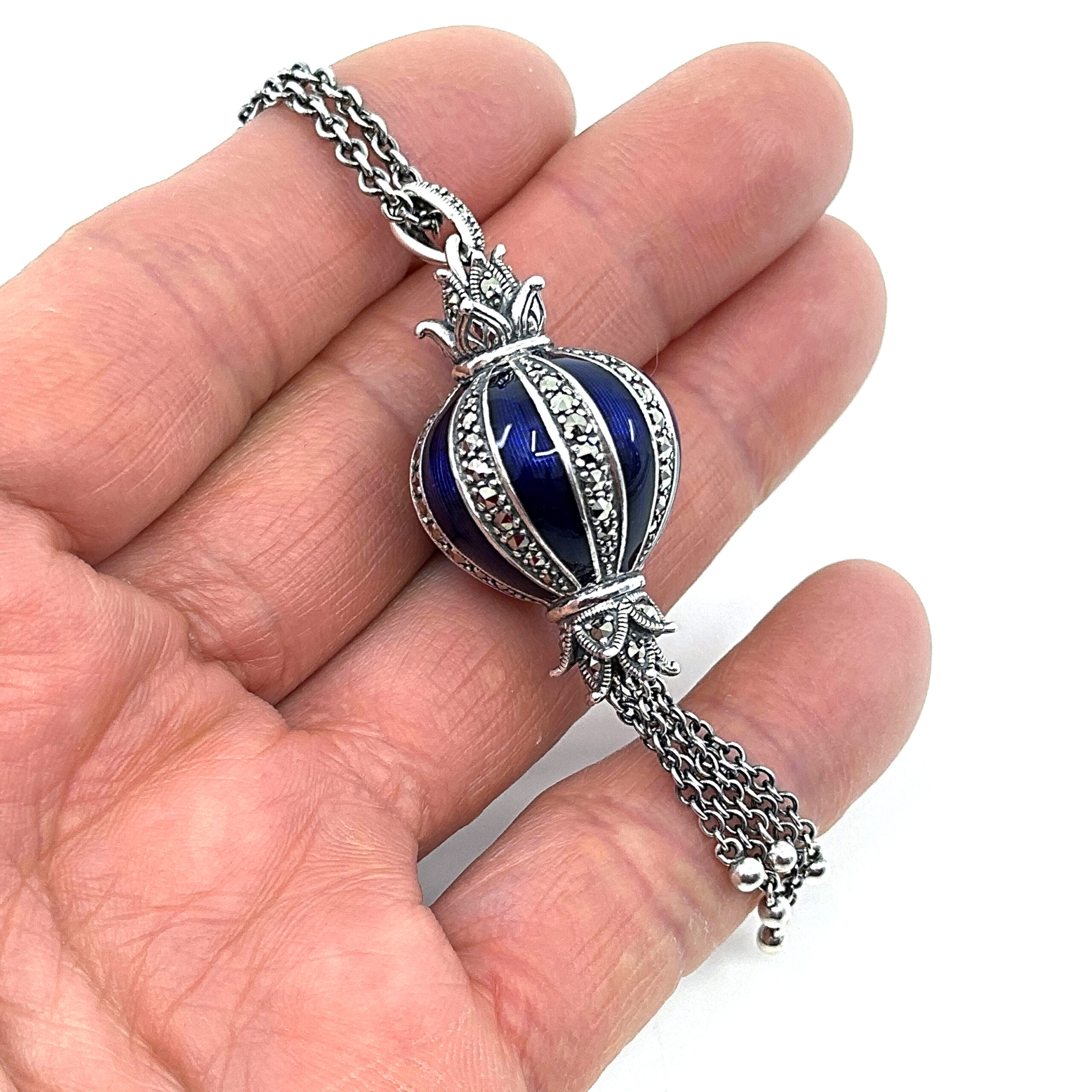 NK570 (7) Elizabethan Style Balloon Shaped Necklace With Blue Enamel And Marcasite Finished In 925 English Hallmarked Sterling Silver