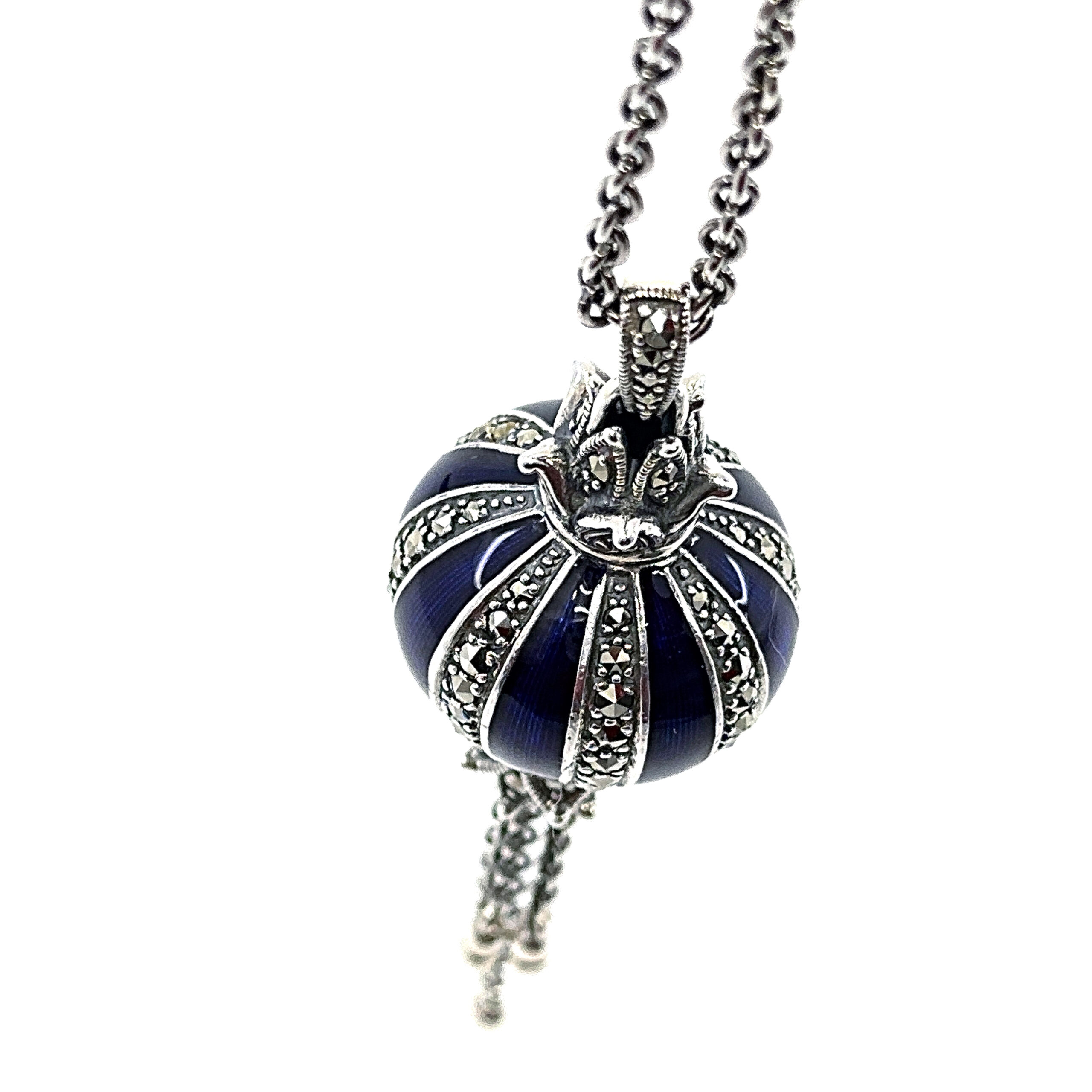NK570 (2) Elizabethan Style Balloon Shaped Necklace With Blue Enamel And Marcasite Finished In 925 English Hallmarked Sterling Silver