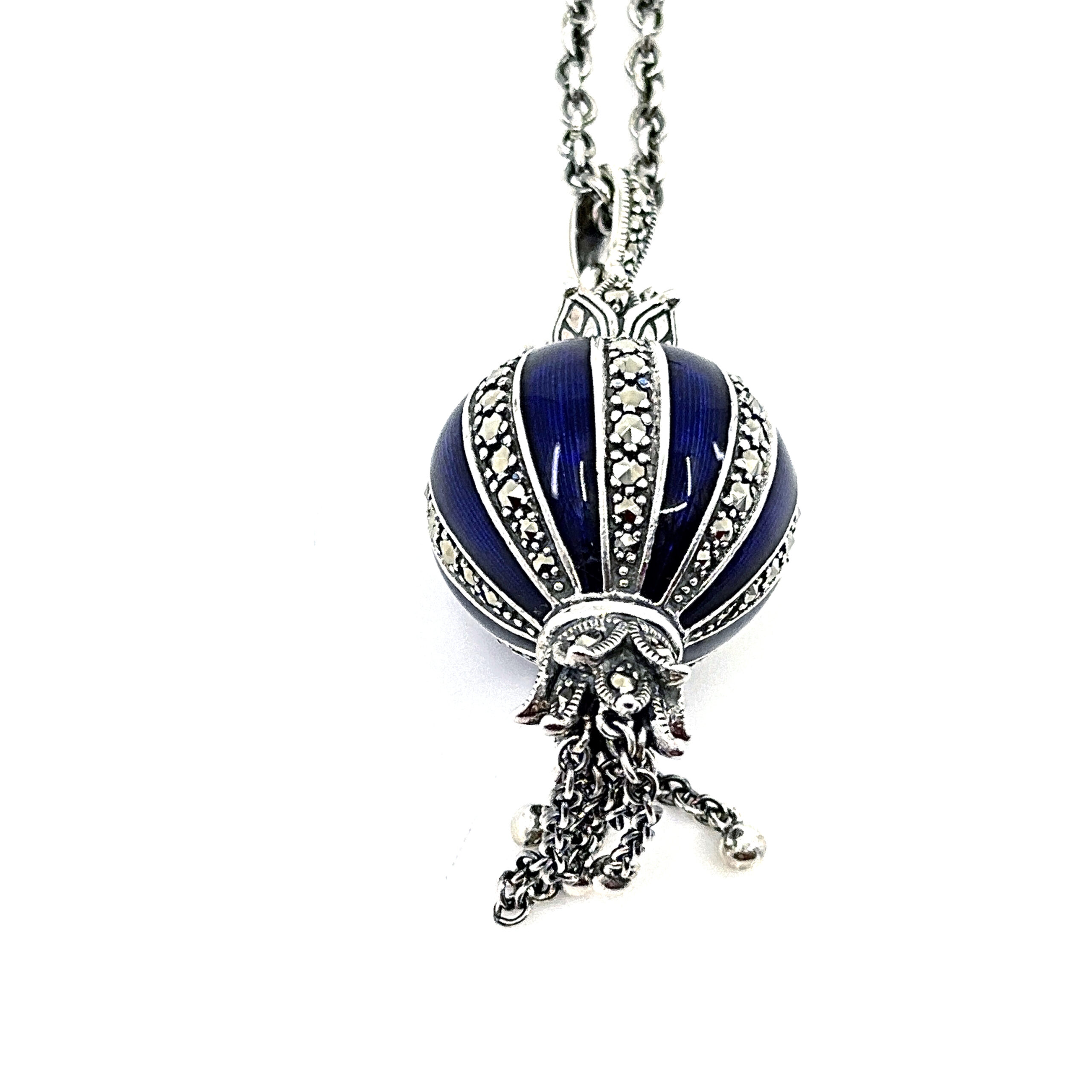 NK570 (6) Elizabethan Style Balloon Shaped Necklace With Blue Enamel And Marcasite Finished In 925 English Hallmarked Sterling Silver