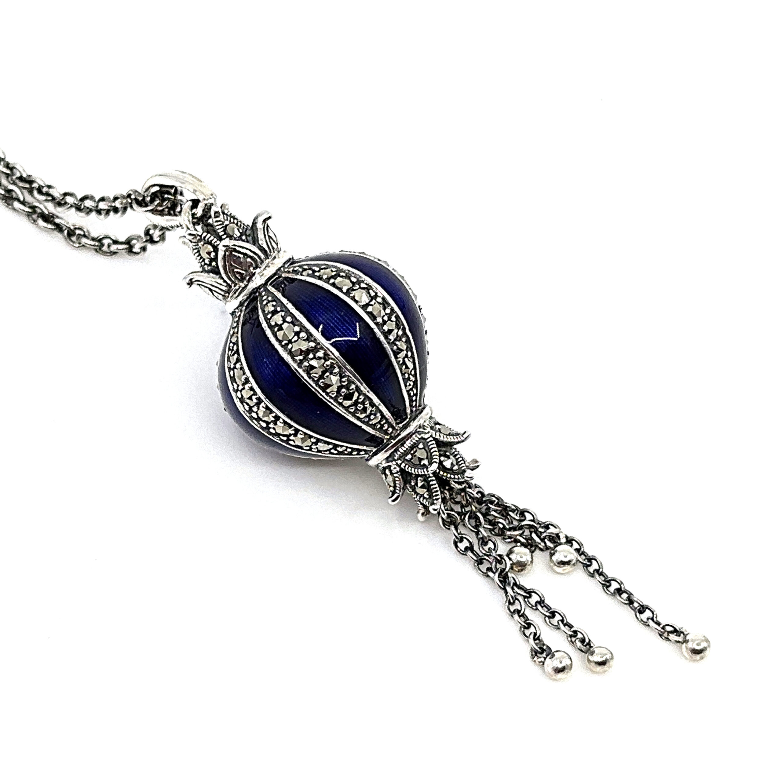 NK570 (9) Elizabethan Style Balloon Shaped Necklace With Blue Enamel And Marcasite Finished In 925 English Hallmarked Sterling Silver