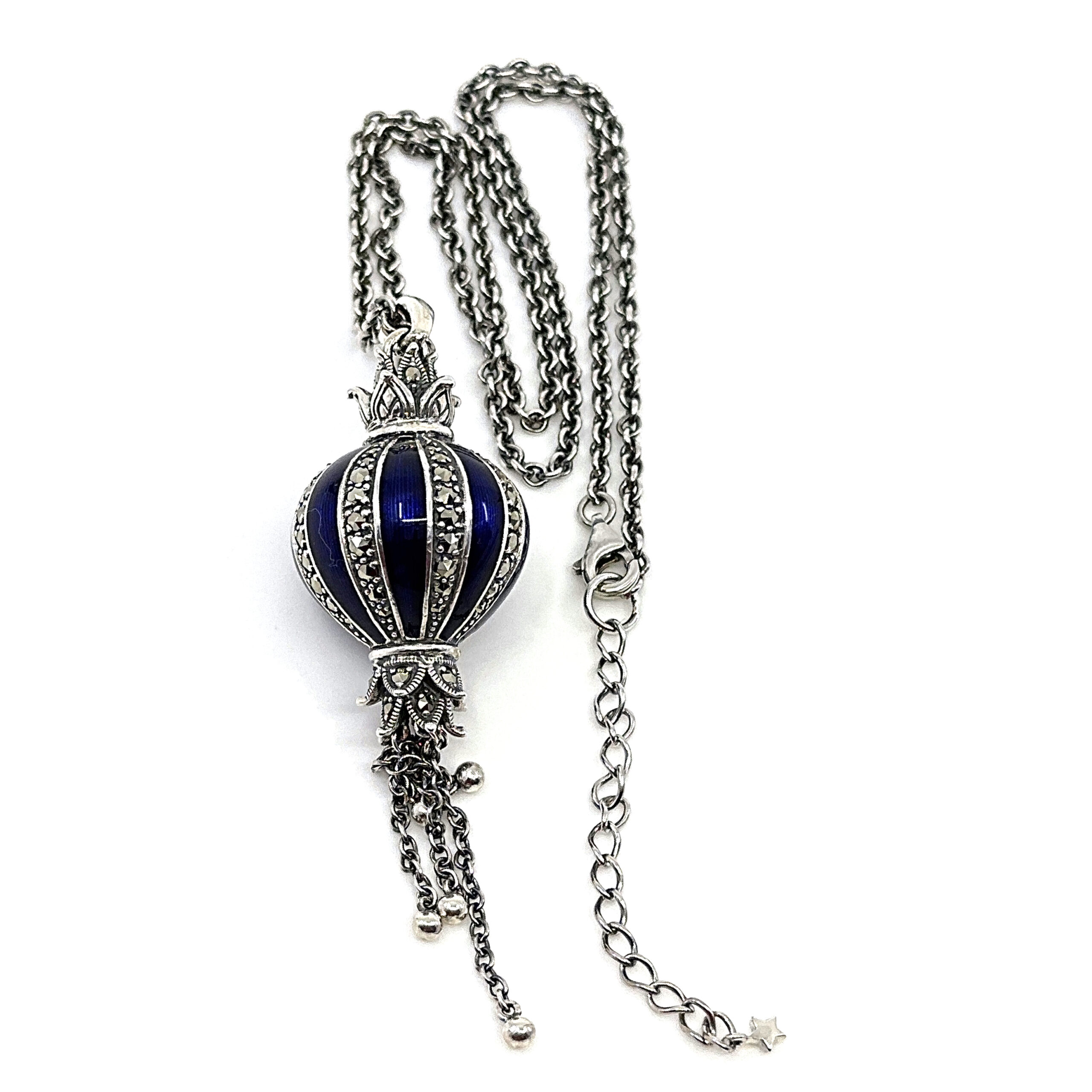 NK570 (8) Elizabethan Style Balloon Shaped Necklace With Blue Enamel And Marcasite Finished In 925 English Hallmarked Sterling Silver