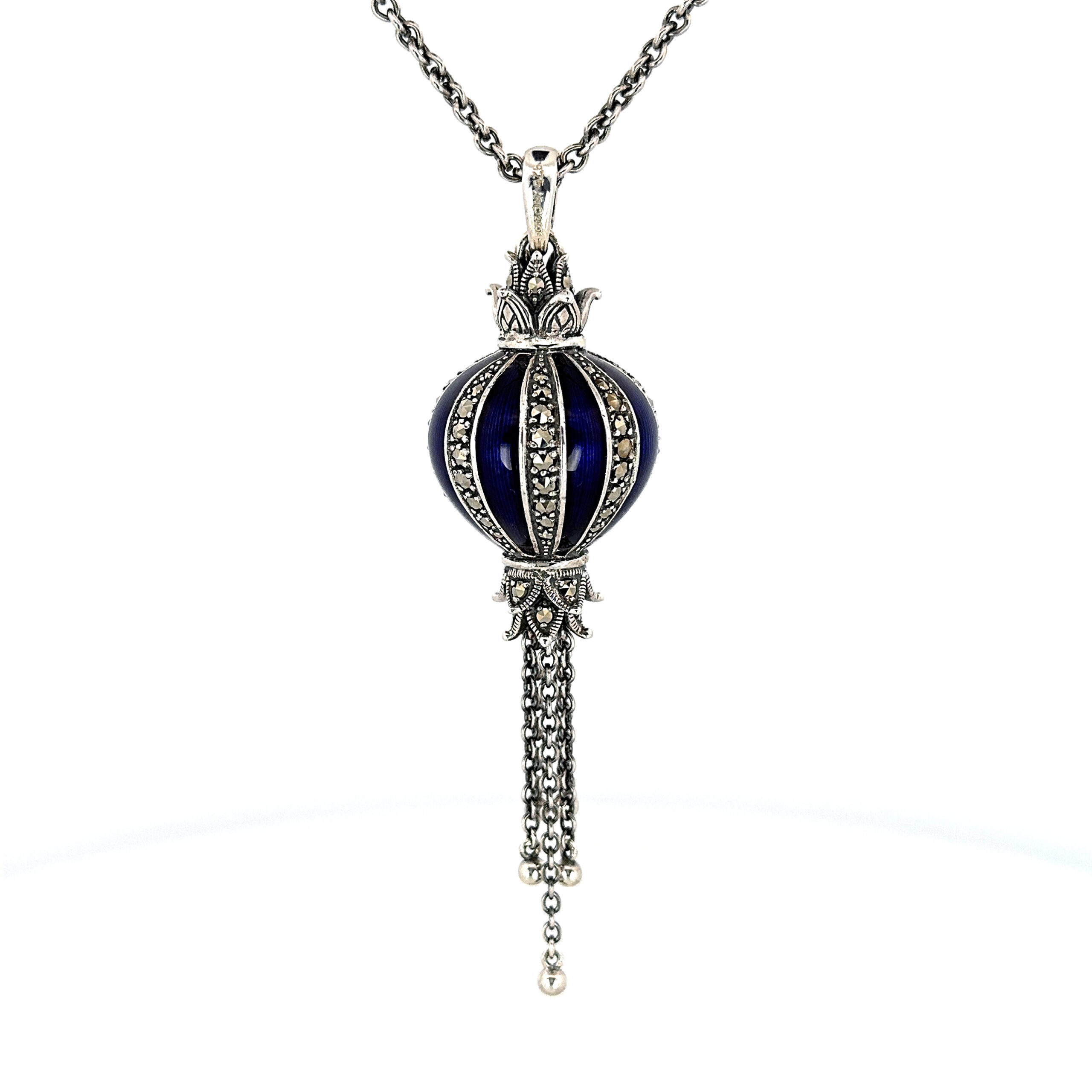 NK570 (5) Elizabethan Style Balloon Shaped Necklace With Blue Enamel And Marcasite Finished In 925 English Hallmarked Sterling Silver