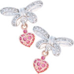 Bow Drop Earrings Rhodium Plated Metal Alloy Set With Clear And Pink Czech Crystals