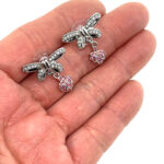 Bow Drop Earrings Rhodium Plated Metal Alloy Set With Clear And Pink Czech Crystals