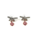 Bow Drop Earrings Rhodium Plated Metal Alloy Set With Clear And Pink Czech Crystals
