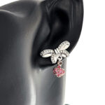 Bow Drop Earrings Rhodium Plated Metal Alloy Set With Clear And Pink Czech Crystals