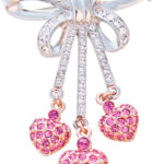 Bow Pin Brooch Rhodium Plated Metal Alloy Set With Clear And Pink Czech Crystals