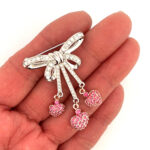 Bow Pin Brooch Rhodium Plated Metal Alloy Set With Clear And Pink Czech Crystals