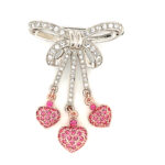 Bow Pin Brooch Rhodium Plated Metal Alloy Set With Clear And Pink Czech Crystals