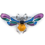 Bumble Bee Pin Brooch With Enamel Marcasite Citrine And Onyx Finished In 925 English Hallmarked Sterling Silver