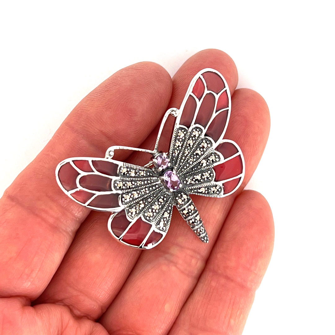 B219 (13) Butterfly Brooch Art Nouveau Style With Amethyst Enamel And Marcasite Finished In 925 English Hallmarked Sterling Silver