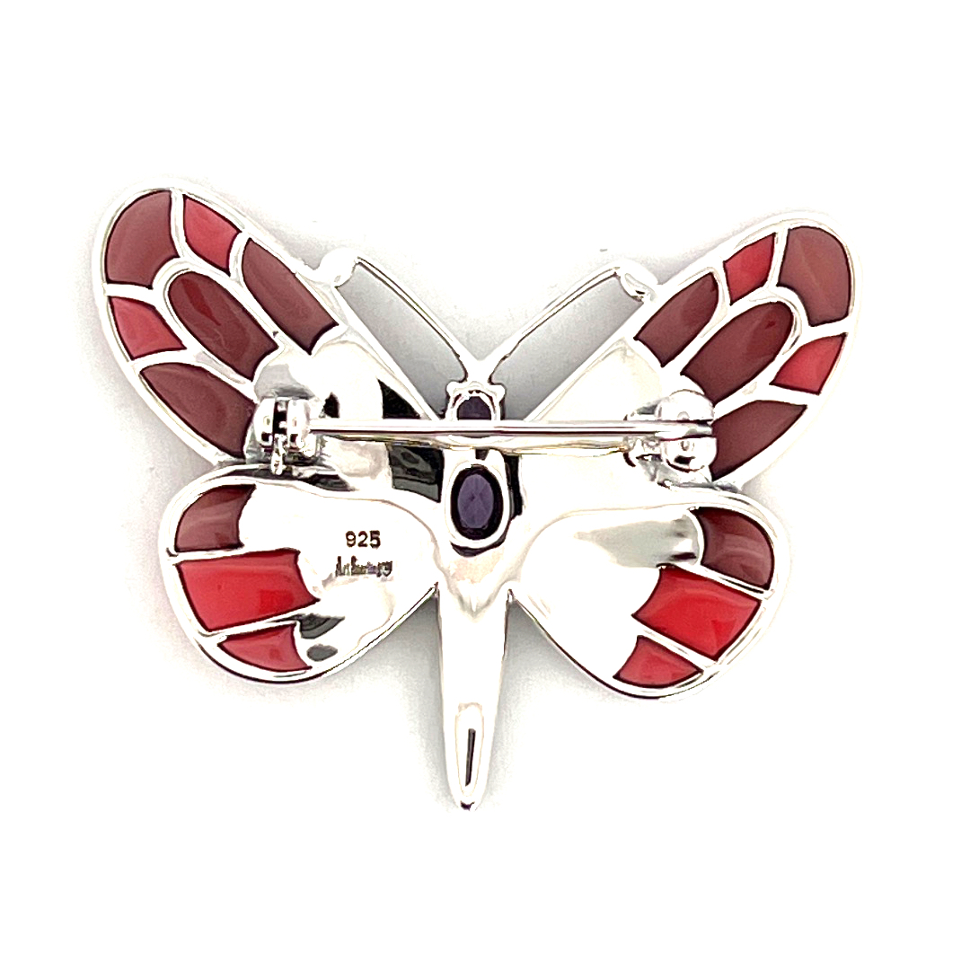 B219 (4) Butterfly Brooch Art Nouveau Style With Amethyst Enamel And Marcasite Finished In 925 English Hallmarked Sterling Silver