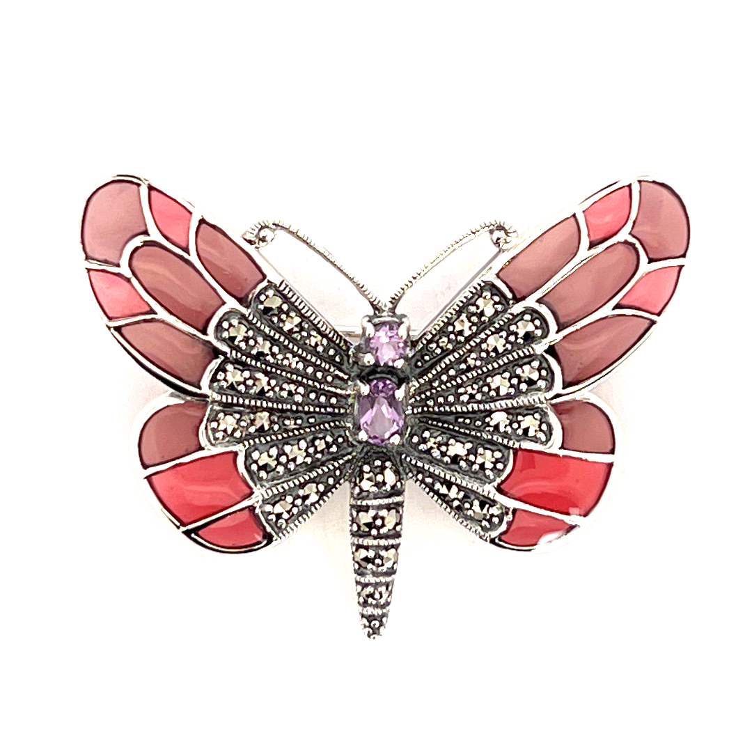 B219 (6) Butterfly Brooch Art Nouveau Style With Amethyst Enamel And Marcasite Finished In 925 English Hallmarked Sterling Silver