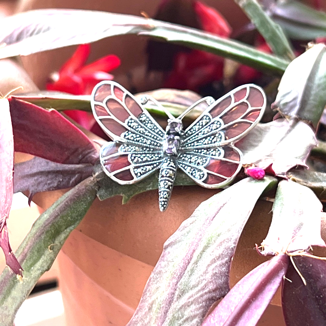 B219 (8) Butterfly Brooch Art Nouveau Style With Amethyst Enamel And Marcasite Finished In 925 English Hallmarked Sterling Silver