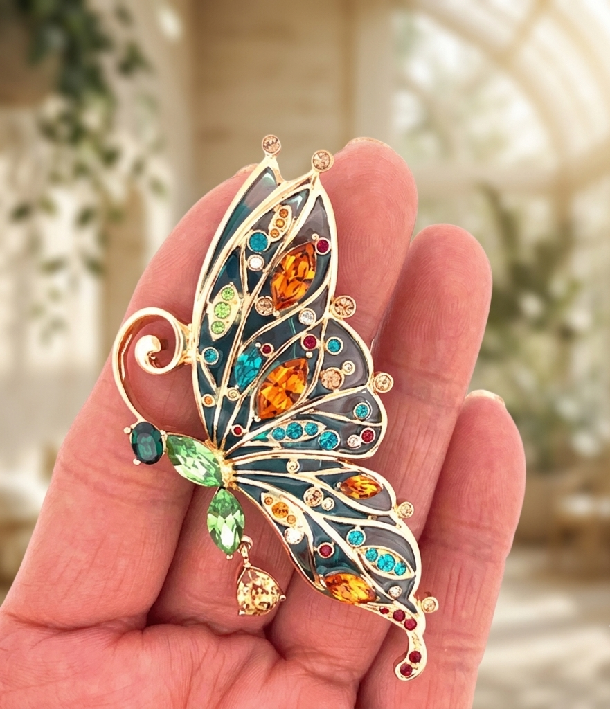 Butterfly Pin Brooch With Enamel And Sparkling Czech Crystals | Gold Plated
