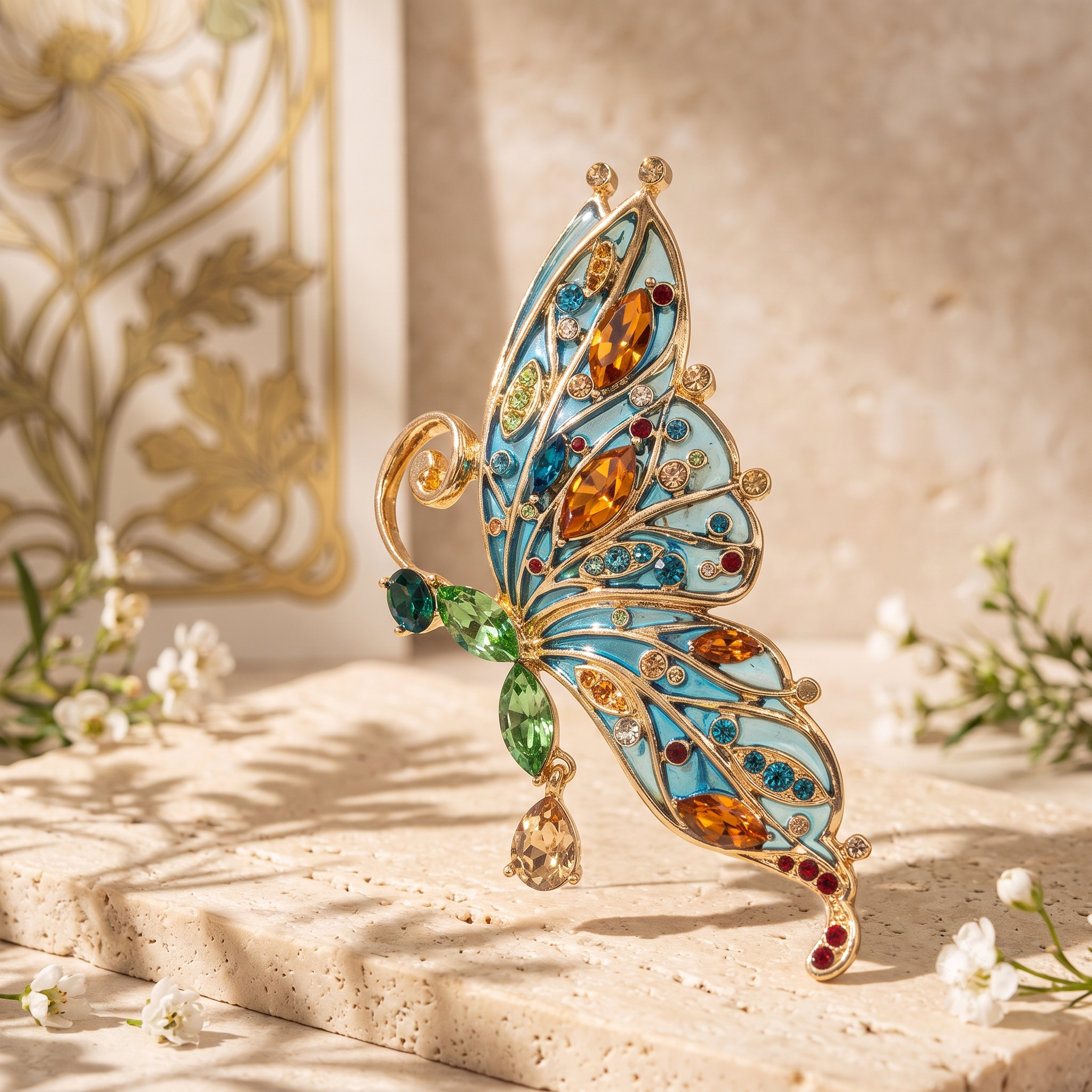 Butterfly Pin Brooch With Enamel And Sparkling Czech Crystals | Gold Plated