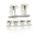 Button Design Cufflinks And Dress Shirt Stud Set With Mother Of Pearl, Finished In 925 English Hallmarked Sterling Silver