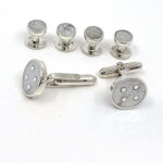 Button Design Cufflinks And Dress Shirt Stud Set With Mother Of Pearl, Finished In 925 English Hallmarked Sterling Silver