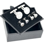 Button Design Cufflinks And Dress Shirt Stud Set With Mother Of Pearl, Finished In 925 English Hallmarked Sterling Silver