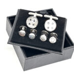 Button Design Cufflinks And Dress Shirt Stud Set With Mother Of Pearl, Finished In 925 English Hallmarked Sterling Silver