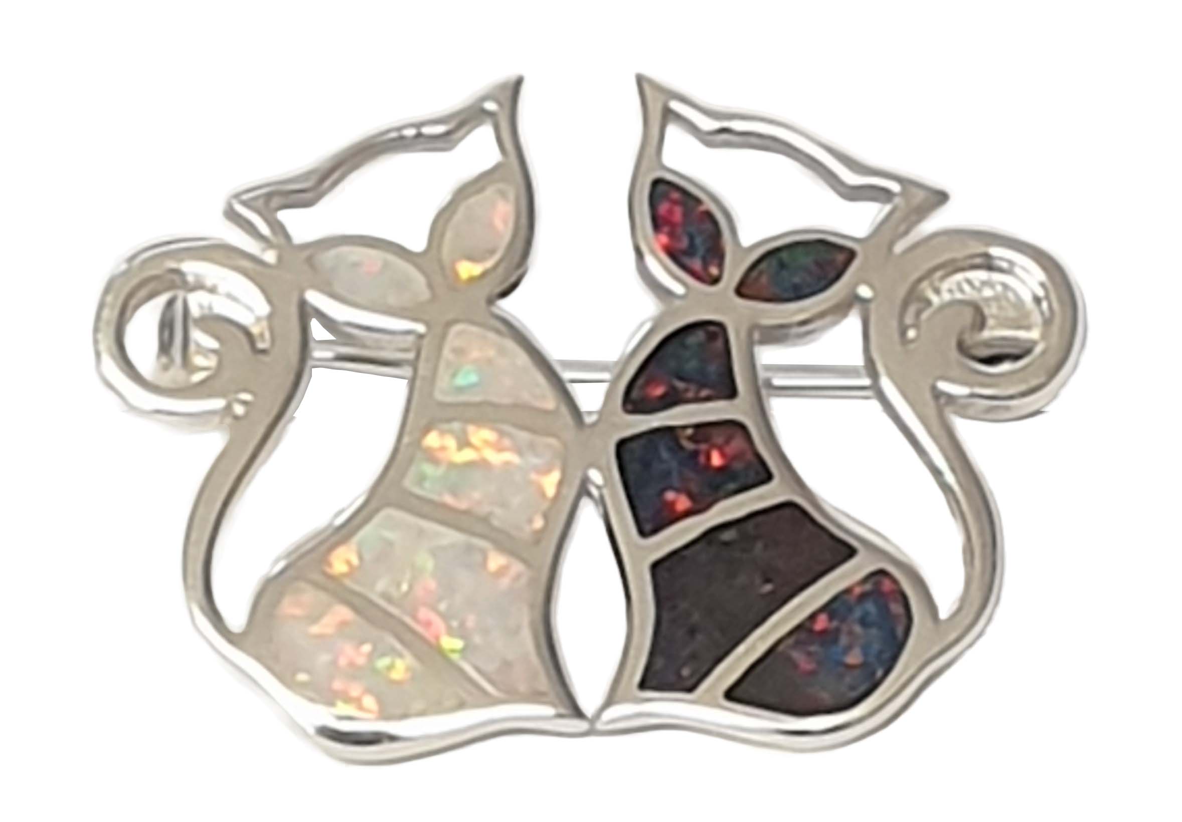 B661 Cat Duo Brooch With Black And White Crushed Opal Resin, finished in 925 English Hallmarked Sterling Silver