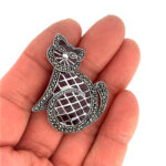 Cat Brooch Art Deco Style With Purple Enamel And Marcasite, finished in 925 English Hallmarked Sterling Silver